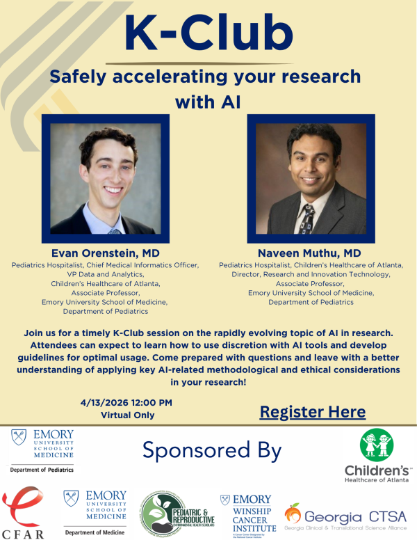Photo of flyer advertising upcoming K-Club event. Dr. Evan Orenstein and Dr. Naveen Muthu's headshots are shown prominently on the flyer.