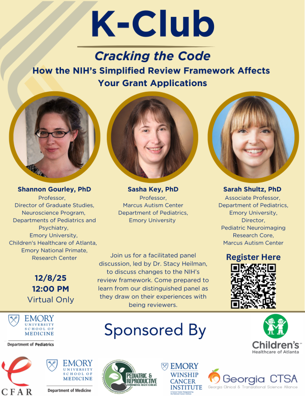 Photo of flyer for upcoming K-Club meeting in December. Headshots of Drs. Shannon Gourley, Sasha Key, and Sarah Shultz are shown.