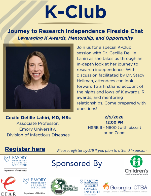 Photo of flyer advertising upcoming K-Club event. Dr. Cecile Delille Lahiri's headshot is shown prominently on the flyer.