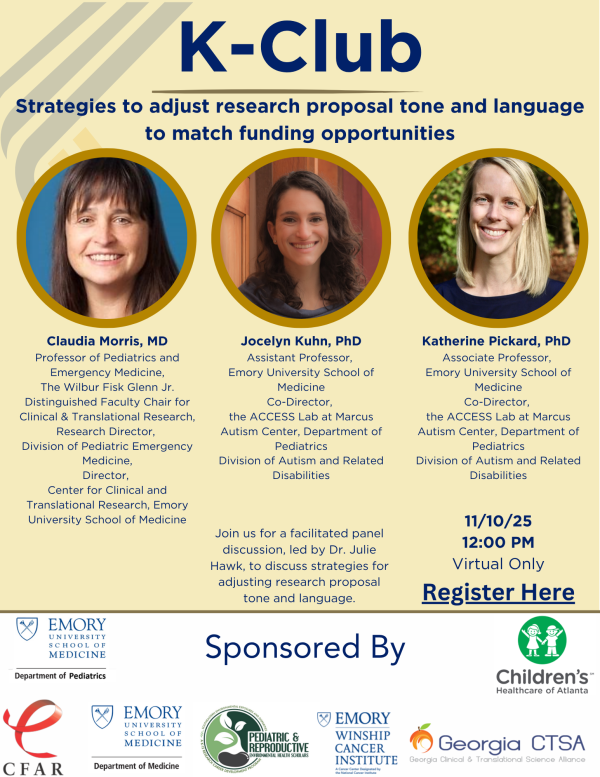 Photo of flyer for upcoming K-Club meeting in November. Headshots of Drs. Claudia Morris, Jocelyn Kuhn, and Katherine Pickard are shown. Photo of flyer for upcoming K-Club meeting in November. Headshots of Drs. Claudia Morris, Jocelyn Kuhn, and Katherine Pickard are shown.