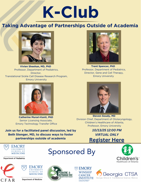 Flyer for upcoming K-Club meeting which falls on October 13, 2025. Images and titles for Vivien Sheehan, Trent Spencer, Steven Goudy, and Catherine Murari-Kanti are included.