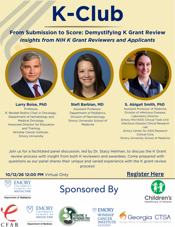 Photo of flyer advertising upcoming K-Club event. Dr. Larry Boise, Dr. Stefi Barbian, and Dr. S. Abigail Smith's headshots are shown prominently on the flyer.