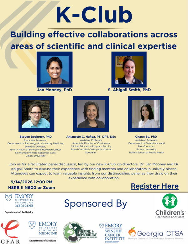 Photo of flyer advertising upcoming K-Club event. Dr. Steven Bosinger, Dr. Anjanette C. Nunez, and Dr. Chang Su's headshots are shown prominently on the flyer. Dr. Jan Mooney and Dr. S. Abigail Smith's headshots are shown at the top.