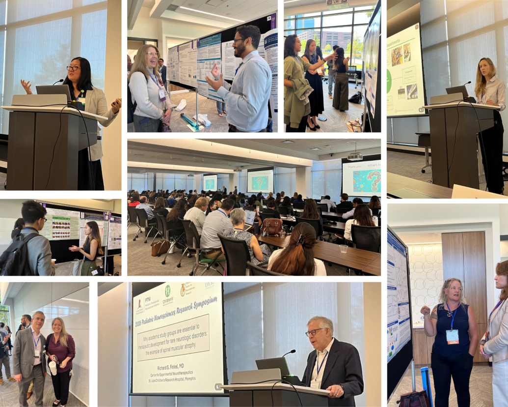 A collage of photos speakers, poster presentations, and attendees networking